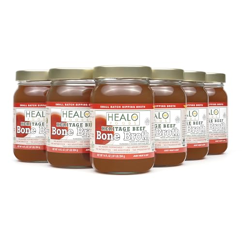 Healo Foods Heritage Beef Bone Broth | Lab-tested 15g Collagen, 20g Protein | Regeneratively Raised | 24-Hour Simmered | Keto, Paleo, Whole30 | 100% Grass-Fed | BPA-Free Glass Jar, 14oz (6-Pack)