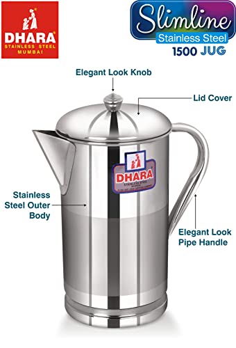 Image of Dhara Stainless Steel 1.5L Water Jug with Lid, Slim Steel Jug for Dining Table Water Serving, Leakproof, Rust Resistant Easy Pour Slimline Pitcher
