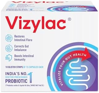 Torrent Vizylac Lactic Acid Bacillus 75 Capsules Helps To Improve Your Gut Health & Digestion, Nutrient Absorption &Enhances The Immune System & Maintains Overall Well Being Pack Of 5 Blister Strips