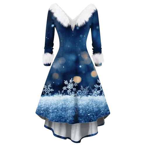 Weihnachtskleid Damen Elegant Langarm Weihnachten Kleid Damen Funky Cocktailkleid mit Plüsch Ausschnitt Mode Festlich Partykleid Vintage Freizeit...