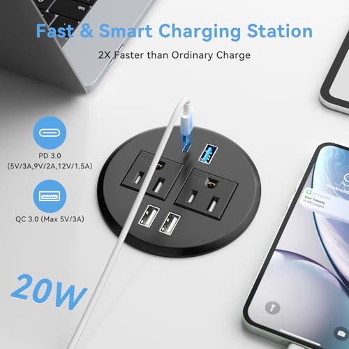 BTU Desktop Power Grommet with PD 20W Fast Charging USB C, Recessed Power Socket with 2 AC Outlets, Flush Mount Power Strip with 3 USB Ports, 6FT Extension Cord (Black 2) by BTU - Image 3