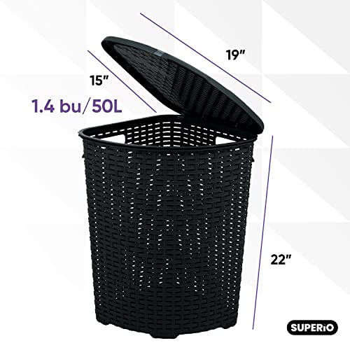 Plastic Corner Laundry Hamper With Lid, Curved Designed Laundry Basket, Triangle Black Cloths Hamper Organizer With Cut-Out Handles For Laundry Room Bedroom Bathroom, Wicker Design, 50 Liter #TOP1
