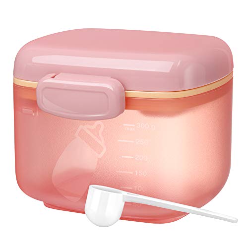 Zooawa Baby Formula Dispenser 300g, Portable Travel Milk Powder Formula Container Candy Fruit Snack Storage Container with Scoop and Leveller, On-The-Go, BPA Free, Transparent - Pink