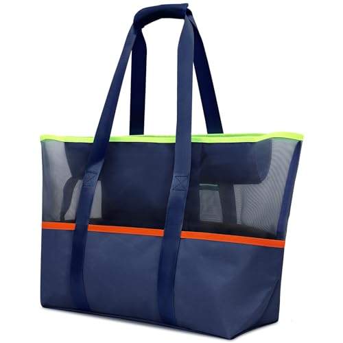 INYEEXUP Strandtasche XXL 50x34x20cm, Mesh & Canvas Strandtasche mit Reißverschluss, Familietasche Badetasche Atmungsaktiv Sanddurchlässig für Strand, Reisen, Einkaufen & Fitness