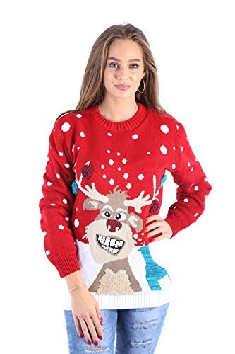 mymixtrendz Pull fantaisie en tricot avec motif de renne de Noël et pompons 3D (36-50), Renne souriante rouge 3D pompon, L Cover