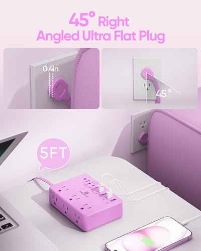 Image of Purple Power Strip with 6 AC 8 USB 2000J Surge Protector 5ft Flat Plug | 4 USB C with 2000J Surge Protector Purple Extension Cord kawaii gift, Compact for Desk Home, Office, Dorm
