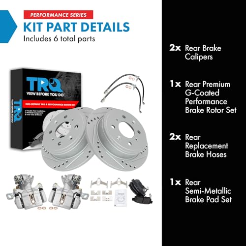 Image of TRQ Performance Rear Brake Pad and Rotor Set Semi Metallic Drilled Slotted G Coated Rotors Calipers Compatible with 1994 Acura Integra