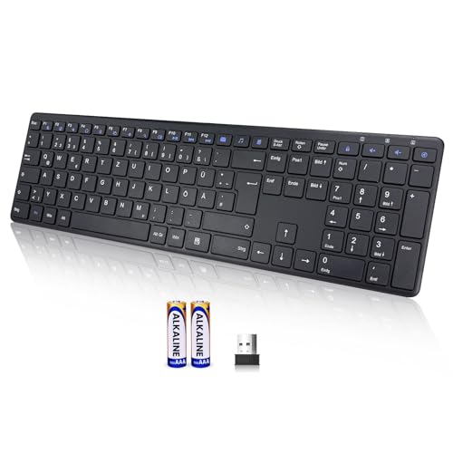 INFINMIND Ultraflache kabellose Tastatur mit leiser Full Size Tastatur Matte Computer Tastatur mit 19 Multimedia-Tasten Lange Akkulaufzeit für Desktop Laptop MAC Windows QWERTZ