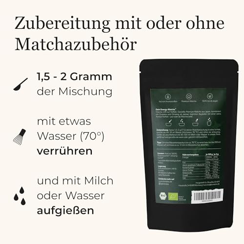 Bio Energy Matcha+, Matcha-Mix mit Guarana Pulver, Ginseng Pulver und 60 % Bio Premium Matcha aus Japan für einen natürlichen Start in den Tag, 80g