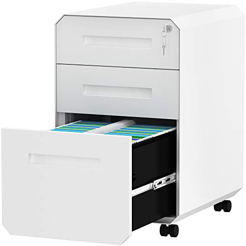 YITAHOME 3-Drawer Filing Cabinet Office Drawers with Lock, Divider and Pencil Tray, Portable Metal File Cabinet, Pre-Built, White