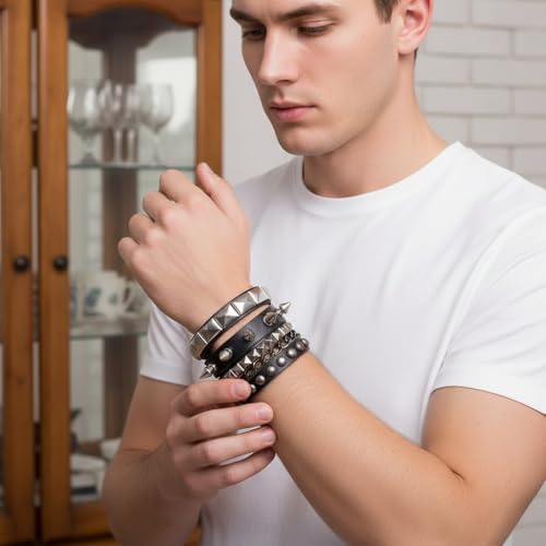 Image of GUSTAVE Bracelet for Man Punk Rock Studded Bracelets Black Leather Cuff Bracelet for Men Women Adjustable Goth Bracelets 80s Retro Style Wristband Halloween Party Accessories