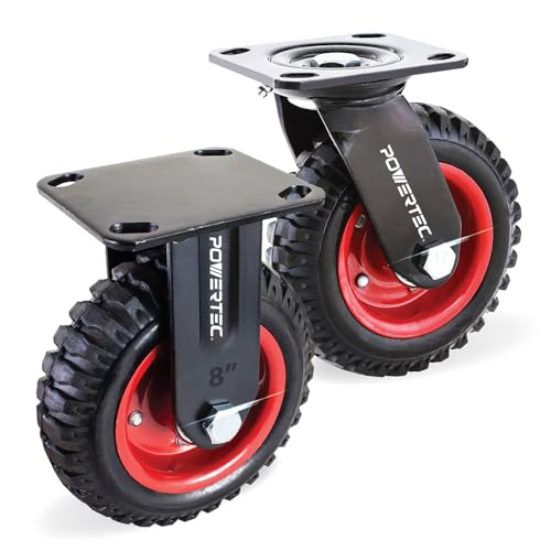Image of POWERTEC 8 Inch Caster Wheels Set of 2 (1 Swivel & 1 Fixed), Heavy Duty Casters w /Rubber Knobby Tread for Workbench, Dolly, Cart, Trolley, Wagon, Toolbox and Chicken Coop, Large Castor Wheels (17057)