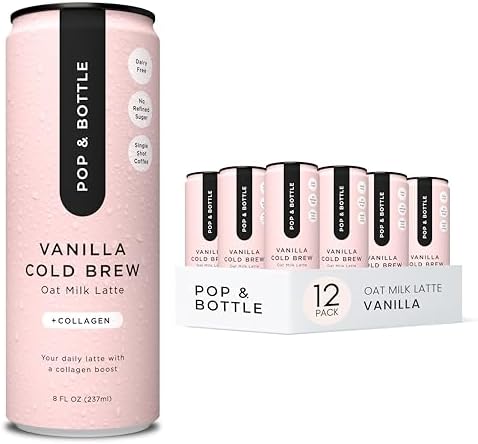 Pop & Bottle Oat Milk Latte - Cold Brew with Marine Collagen, MCT Oil, Organic, Dairy Free, Gluten Free, Sweetened with Dates - Vanilla, 8 Fl Oz (12 Pack)