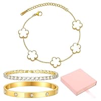 LIUYIDM Bracciale Donna Gioielli 3 Pezzi con Quadrifoglio Dorato Four Leaf Clover Bracelet Accessori Eleganti Gioielli Quadrifoglio Donna Vita Quotidiana, Regali di Compleanno Bianco (Con scatola)