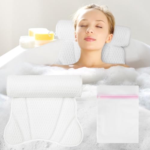 Flintronic Bath Pillow, 4D Luxury Bath Bathtub Pillow for Head, Neck, Shoulder and Back Support, Ergonomic Breathable Mesh SPA Tub Pillow with 6 Powerful Suction Cups, Fits all Bathtub