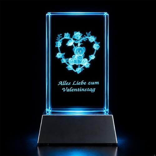 Kaltner Präsente Stimmungslicht – EIN ganz besonderes Geschenk: LED Kerze/Kristall Glasblock / 3D-Laser-Gravur Valentin Teddy Rose Herz Alles Liebe ZUM Valentinstag