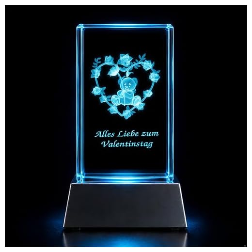 Kaltner Präsente Stimmungslicht – EIN ganz besonderes Geschenk: LED Kerze/Kristall Glasblock / 3D-Laser-Gravur Valentin Teddy Rose Herz Alles Liebe ZUM Valentinstag