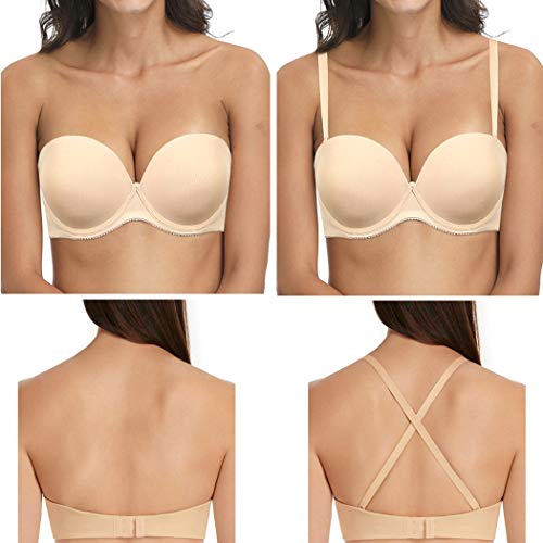 Strapless Convertible Pushup Bra Heavily Padded Lift Up Supportive Add Two Cup Multiway Tshirt Bras Nude, 34B Strapless Convertible Pushup Bra Heavily Padded Lift Up Supportive Add Two Cup Multiway Tshirt Bras Nude, 34B