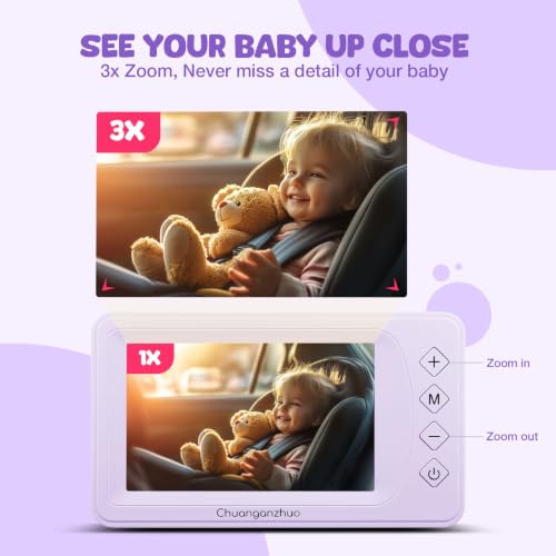 Image of Baby Car Camera with Advanced Crystal-Clear Night Vision, 3X Zoom, USB Powered, 5'' AHD 1080P IPS Car Baby Monitor, Backseat Camera for Kids Infants Rear Facing Mirror, 5inch, Purple