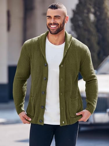 Esobo Men'S Shawl Collar Cardigan Sweater Multi-Color Button Down Knitted Sweaters With Pockets Armygreen thumb #3