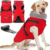 Doglay 2 in 1 Dog Coat with Harness Built-in, Waterproof Dog Winter Jacket with Pocket & Poop Bags, Reflective Adjustable Pet Winter Coat for Small, Medium, Large Dogs - Red, S