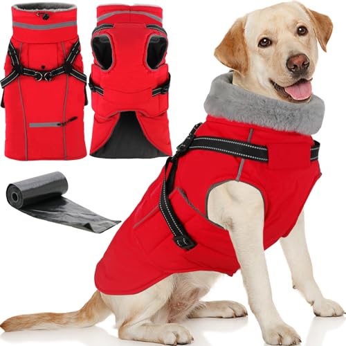 Doglay 2 in 1 Dog Coat with Harness Built-in, Waterproof Dog Winter Jacket with Pocket & Poop Bags, Reflective Adjustable Pet Winter Coat for Small, Medium, Large Dogs - Red, S