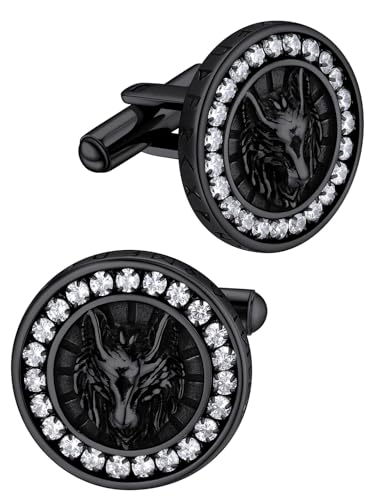 FaithHeart Men's Cufflinks and Tuxedo Studs Set, Black Wolf Cuff Links