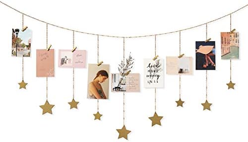 Mkono Hanging Photo Display Boho Decor Wooden Stars Garland with Metal Chains Picture Frame Collage with 25 Wood Clips Teen Girl Room Christmas Wall Art for Bedroom Nursery Dorm Home, Gold