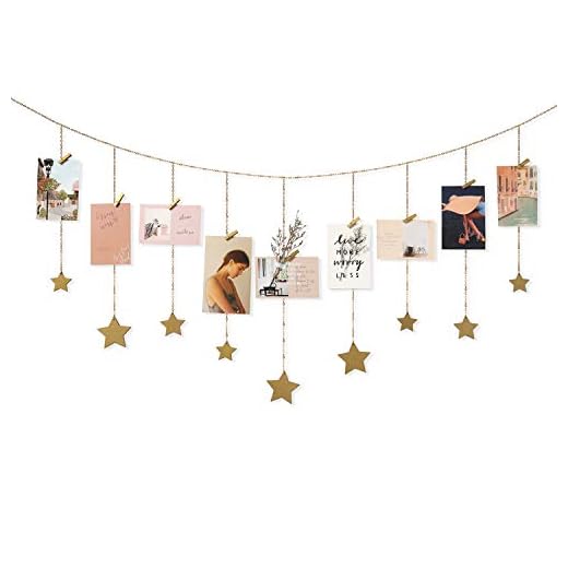Mkono Hanging Photo Display Boho Decor Wooden Stars Garland with Metal Chains Picture Frame Collage with 25 Wood Clips Teen Girl Room Christmas Wall Art for Bedroom Nursery Dorm Home, Gold