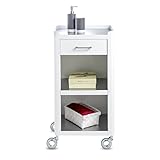 Meuble auxiliaire de rangement à roulettes THELMA, conçu avec des lignes minimalistes et épurées.Pratique et très décoratif pour tout organiser dans votre salle de bain. Il offre une bonne capacité de stockage dans un petit espace.Son design sobre et élégant se marient harmonieusement avec tous les styles d'intérieur.Son design, sa fonctionnalité et sa couleur le rendent idéal dans n'importe quelle pièce de la maison.La base de ses étagères spacieuses est en acier inoxydable.Il est doté d'un tir