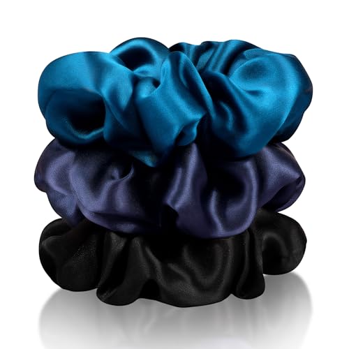 Zenssia Silk Scrunchies for Hair, Mulberry Silk Hair Ties for Women and Girls, No Damage Elastic Ponytail Holders（Black, Navy, Royal Blue）