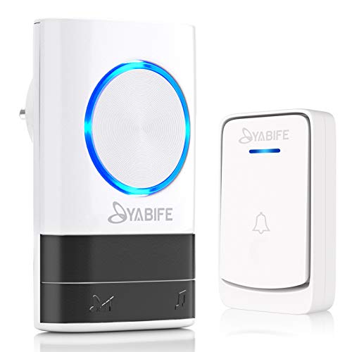 Yabife Timbre Inalámbrico para Puerta, Timbre Inalámbrico Exterior Impermeable con Alcance a 300m, indicador LED, 4 Niveles de Volumen, 45 Melodías, 1 Transmisor y 1 Receptor (Blanco)