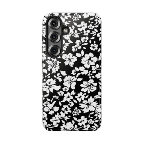 Coque Samsung S25 rigide fleur noire et blanche et étui brillant de protection antichoc