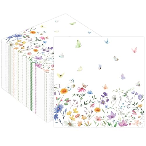 50PCS Wildflower Paper Napkins, 13 X 13 Inches Floral Luncheon Napkins Disposable Wildflower Baby Shower Decorations Supplies for Spring Summer Picnic Wedding Birthday Party