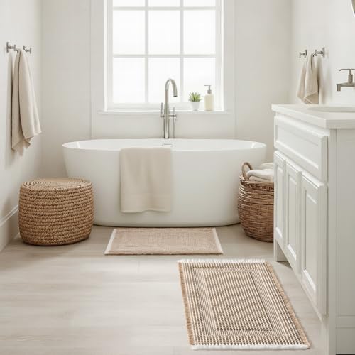 MIULEE Set of 2 Waffle Bathroom Rugs Brown&Cream Boho Bath Mat 17x24 in by MIULEE - Used condition - Image 7