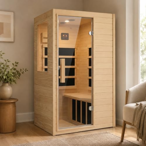 1-Person Low EMF Far Infrared Sauna for Home Use, 900W Canadian Hemlock Wood Sauna with Bluetooth Music & Led Read Light, Easy Assembly for Bedroom, Gym, or Basement（57.9 * 27 * 32IN）