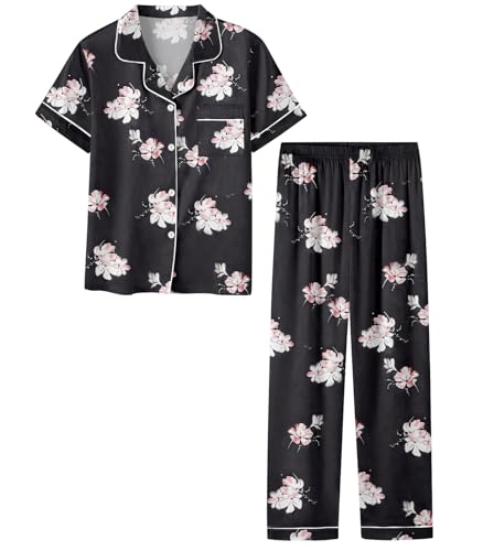 Schbbbta Girls & Women Satin Pajama Set – 2 Piece Long Sleeve Button-Down Top & Pants, Black With Heart Print, XX-Large