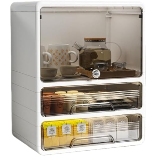 REENEW ミニカップボードカウンター上収納コップ 食器棚 防塵 防湿 扉付き 多機能 お茶碗ボックス 大容量 簡単 化粧品 小物 透明扉付き 一段二段三段 雑貨 仕切り 台所 家庭用 (ブラック,M -3)