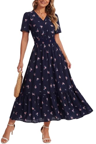 Image of 2026 Women's Floral Maxi Dresses Casual Summer V Neck Button Front A Line Boho Dress Short Sleeve Ruffle Beach Party Outfits, Navy Blue Floral, L