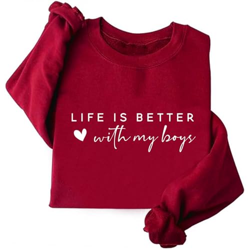 Image of TONGCHEN Life Is Better With My Boys Sweatshirt for Mom Sweater Crewneck Sweatshirts Gifts (US, Alpha, Large, Regular, Regular, Red)