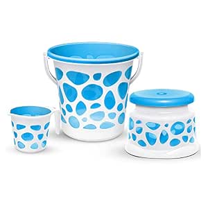 Milton Plastic Duplex Spa 3 Piece Set, Blue | 25 litres Bucket with Mug & Stool | Bathroom Accessory Set
