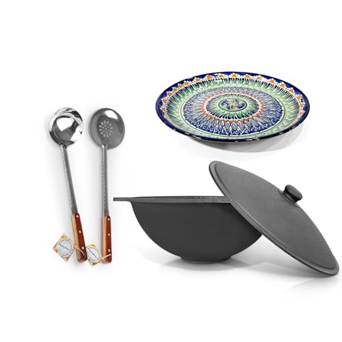 ZARENHOFF Hierro fundido Kazan 16 L Ø 46,5 cm de fondo plano con Lagan Ø 37 cm Espumadera para olla Plov uzbeko WOK Kazan Ljagan Namangan Asia Казан (Set 619)