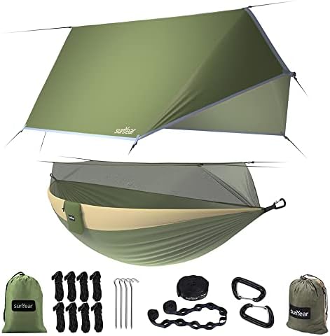 Sunyear Camping Hammock-Hammocks with Net and Rain Fly Tarp - Portable Single&Double Lightweight Nylon Parachute Hammocks with Hammock Tree Straps for Backpacking Hiking Travel Camping Indoor Outdoor
