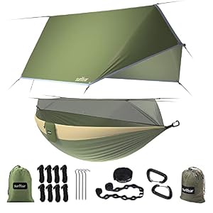 Sunyear Camping Hammock, Portable Single & Double Hammock with Net, 2 Person Hammock Tent with 2 * 10ft Straps, Best for Outdoor Hiking Survival Travel