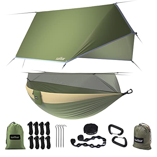 Sunyear Camping Hammock-Hammocks with Net and Rain Fly Tarp - Portable Single&Double Lightweight Nylon Parachute Hammocks with Hammock Tree Straps for Backpacking Hiking Travel Camping Indoor Outdoor by Sunyear - Used condition - US$67.99