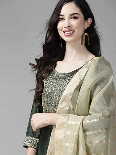 Image of INDO ERA Women's Cotton Blend Yoke Design Straight Kurta with Pant & Dupatta Set