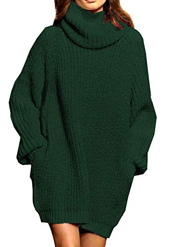 Viottiset Damen Übergroßes Pulloverkleid Langarm Rollkragen Mini Pullover Gerippt Oversize Wollkleid Winter Dunkelgrün M
