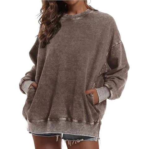BINTEHGS Oversized Sweatshirt for Women Loose Fit Cotton Pullover Vintage Crew Neck Sweatshirts with Pocket Long Sleeve Shirt (Coffee,L,Large) Cover
