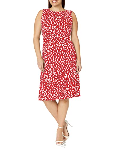 Image of London Times Women's Sleeveless Dresssleeveless Jersey Keyhole Belted Midi Dress, Red/Soft White, 14