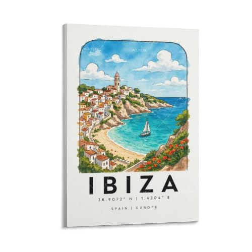 Poster Ibiza aquarelle vintage 40x60cm impression paysage urbain